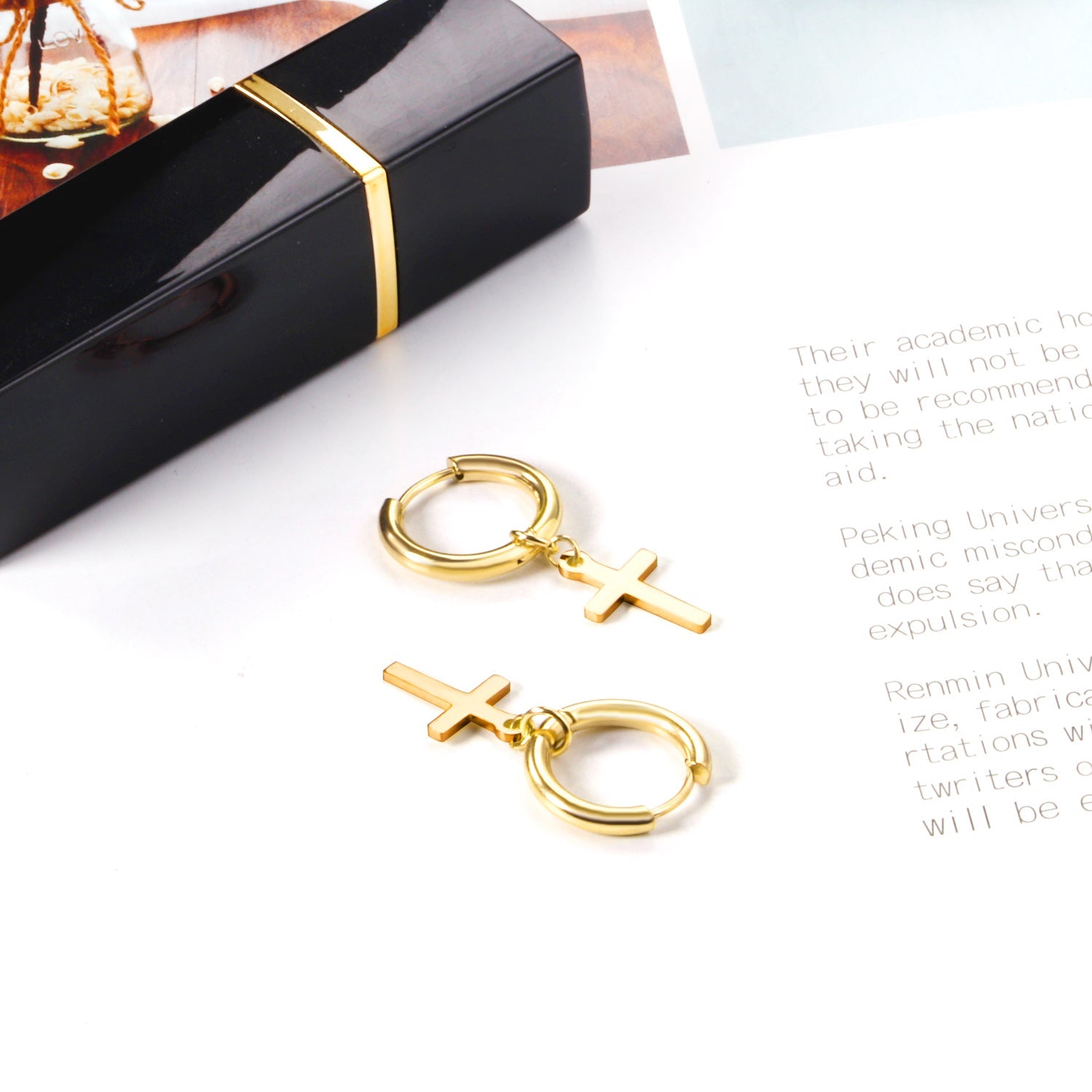 2.5 12mm Internal Wire Earrings-Steel & Gold & Rose Gold & Black Polished + 10x16mm Crosses asonjewelry