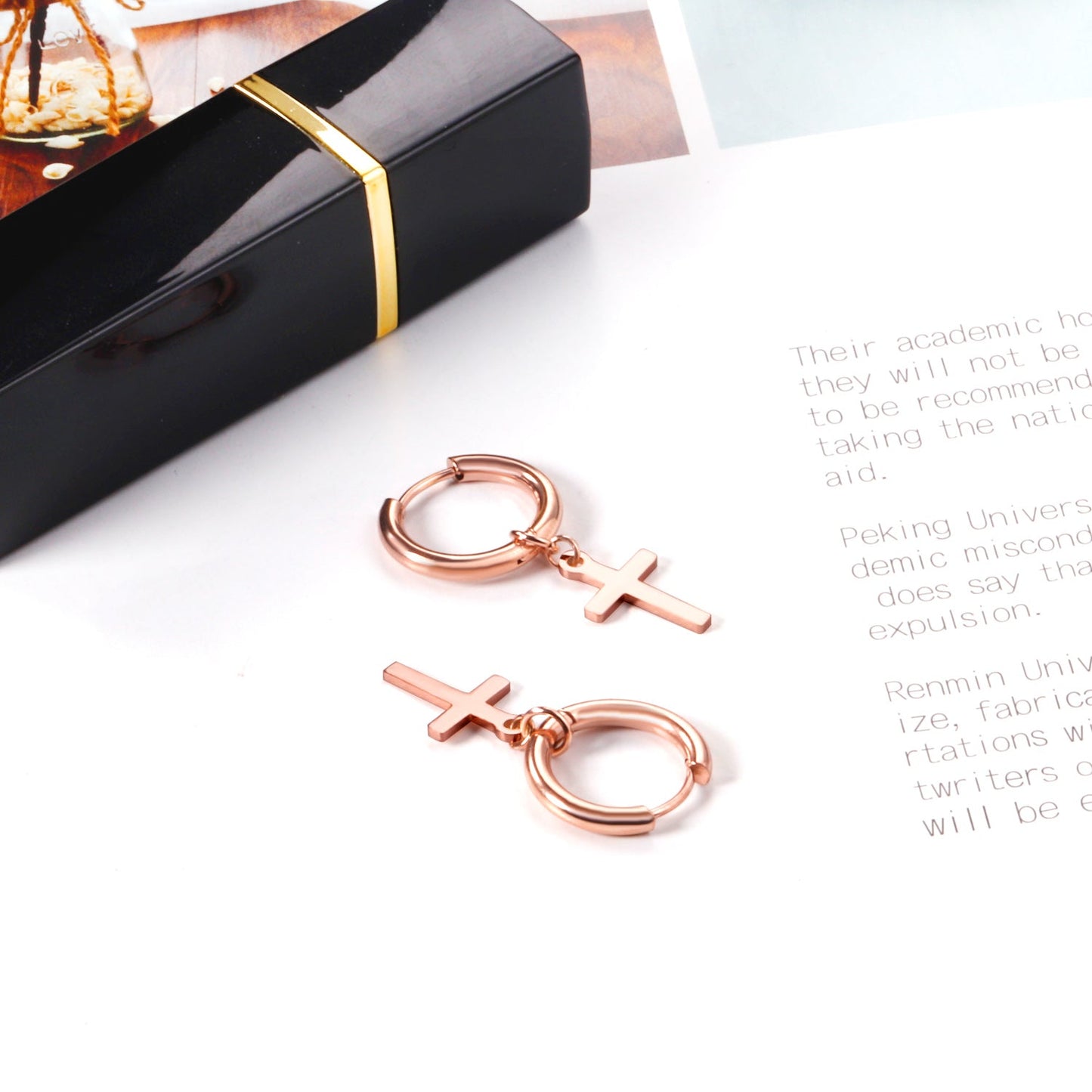 2.5 12mm Internal Wire Earrings-Steel & Gold & Rose Gold & Black Polished + 10x16mm Crosses asonjewelry