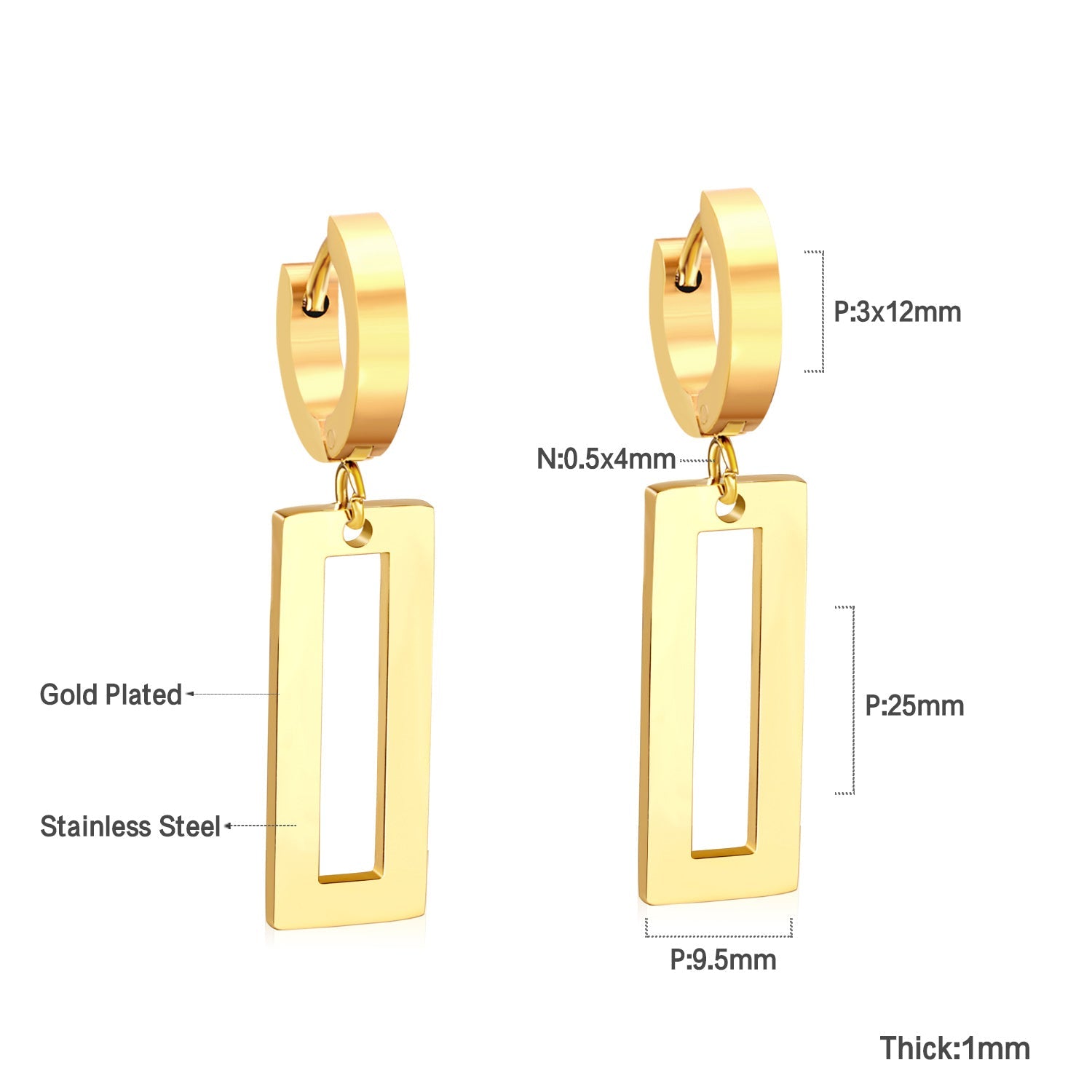 3x12mm earclips + 9.5x25mm rectangular glossy earrings asonjewelry