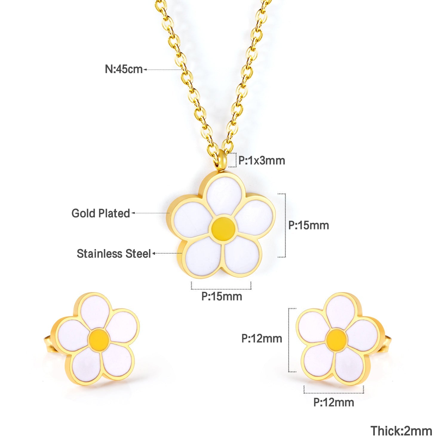 Peach Blossom Oil Drip White Jewelry Set Steel/Gold asonjewelry