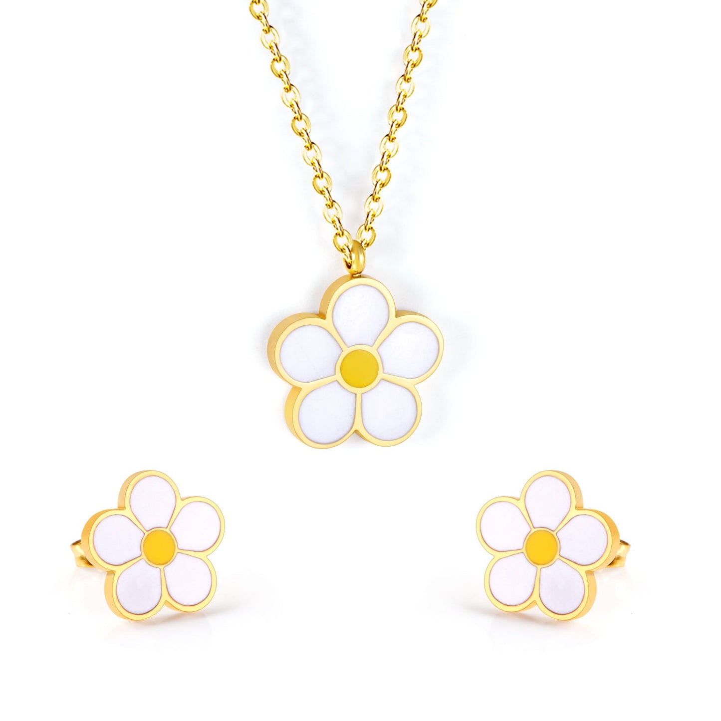 Peach Blossom Oil Drip White Jewelry Set Steel/Gold asonjewelry