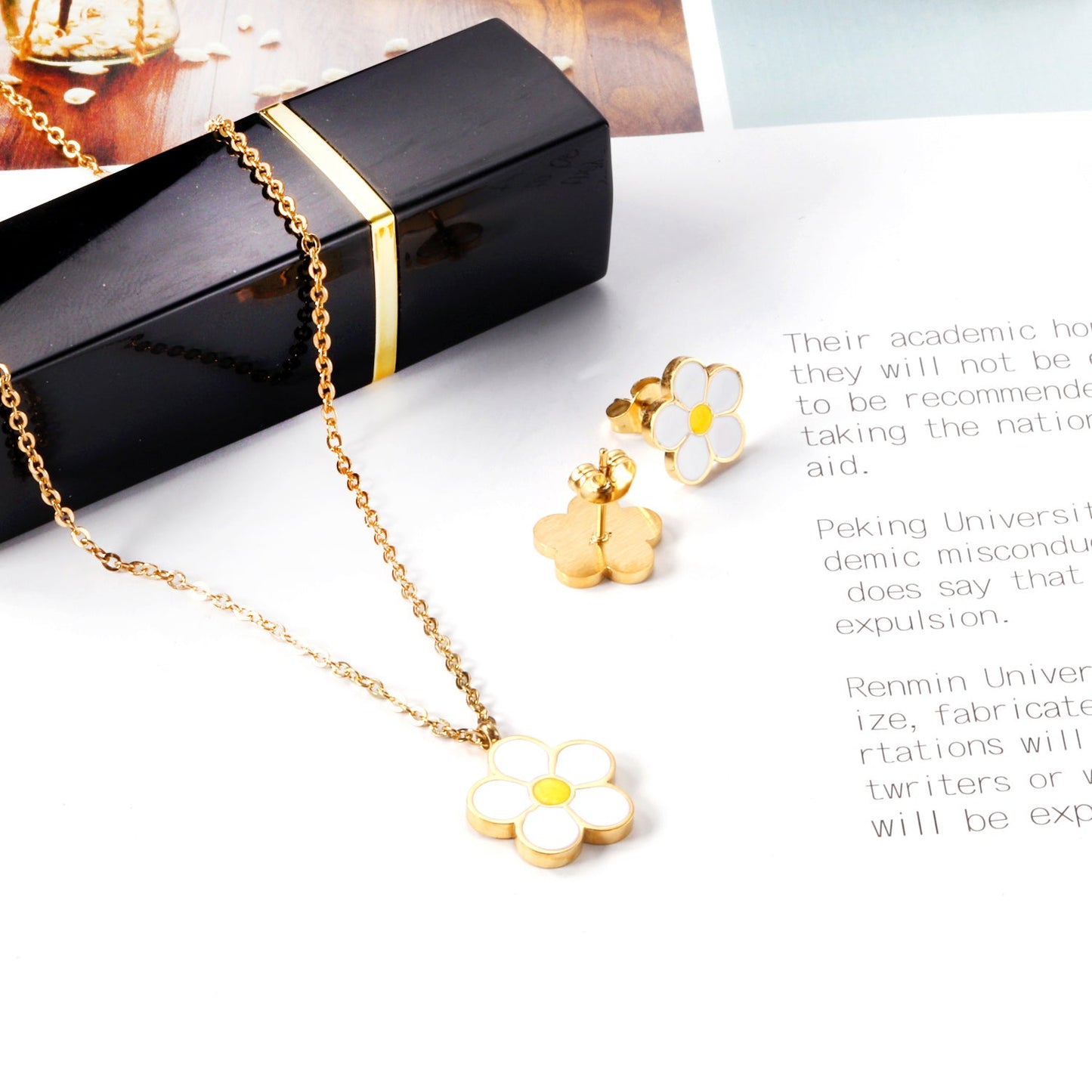 Peach Blossom Oil Drip White Jewelry Set Steel/Gold asonjewelry