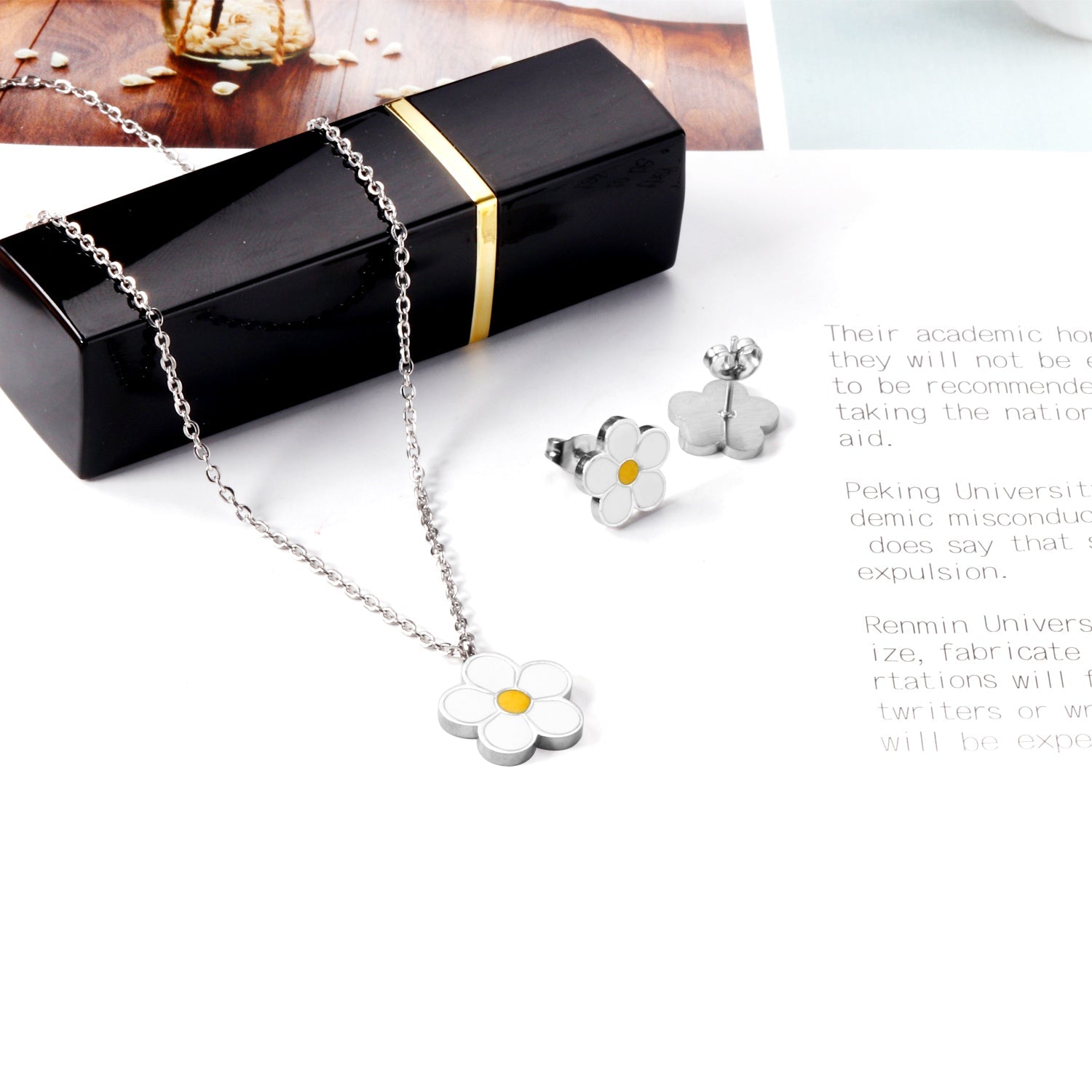 Peach Blossom Oil Drip White Jewelry Set Steel/Gold asonjewelry