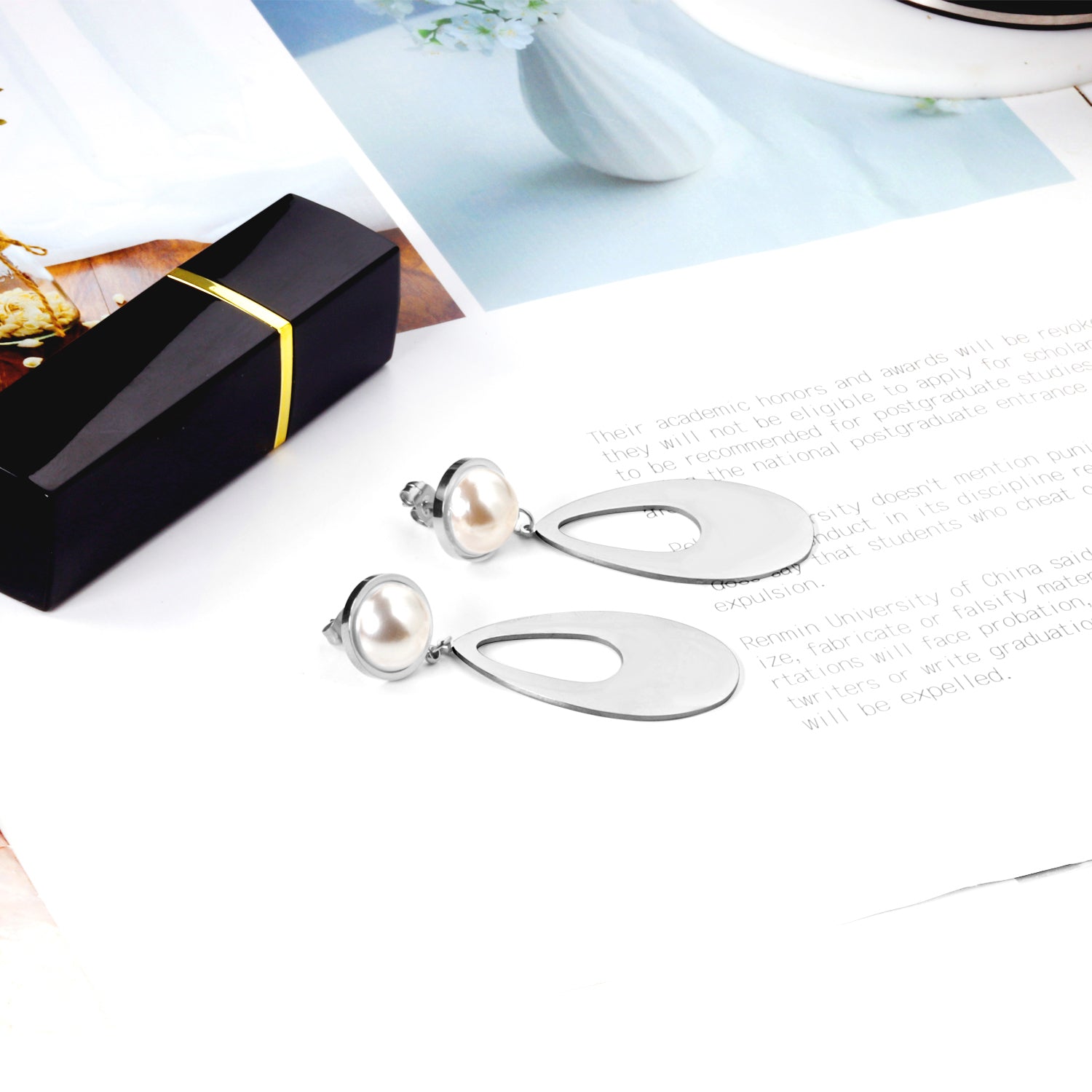 Half Pearl Glossy Oval Earrings asonjewelry