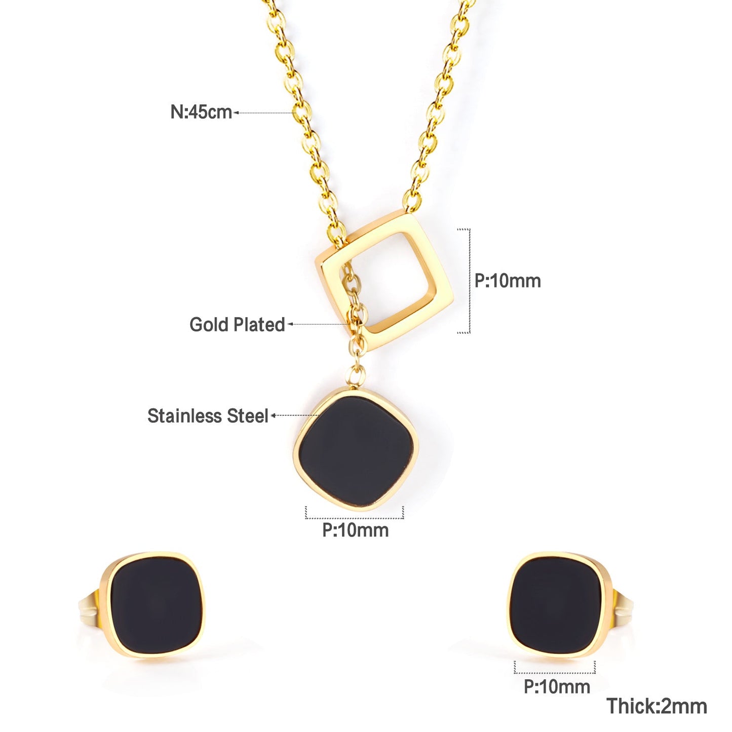 Square Black Shell Jewelry Set Steel / Gold asonjewelry