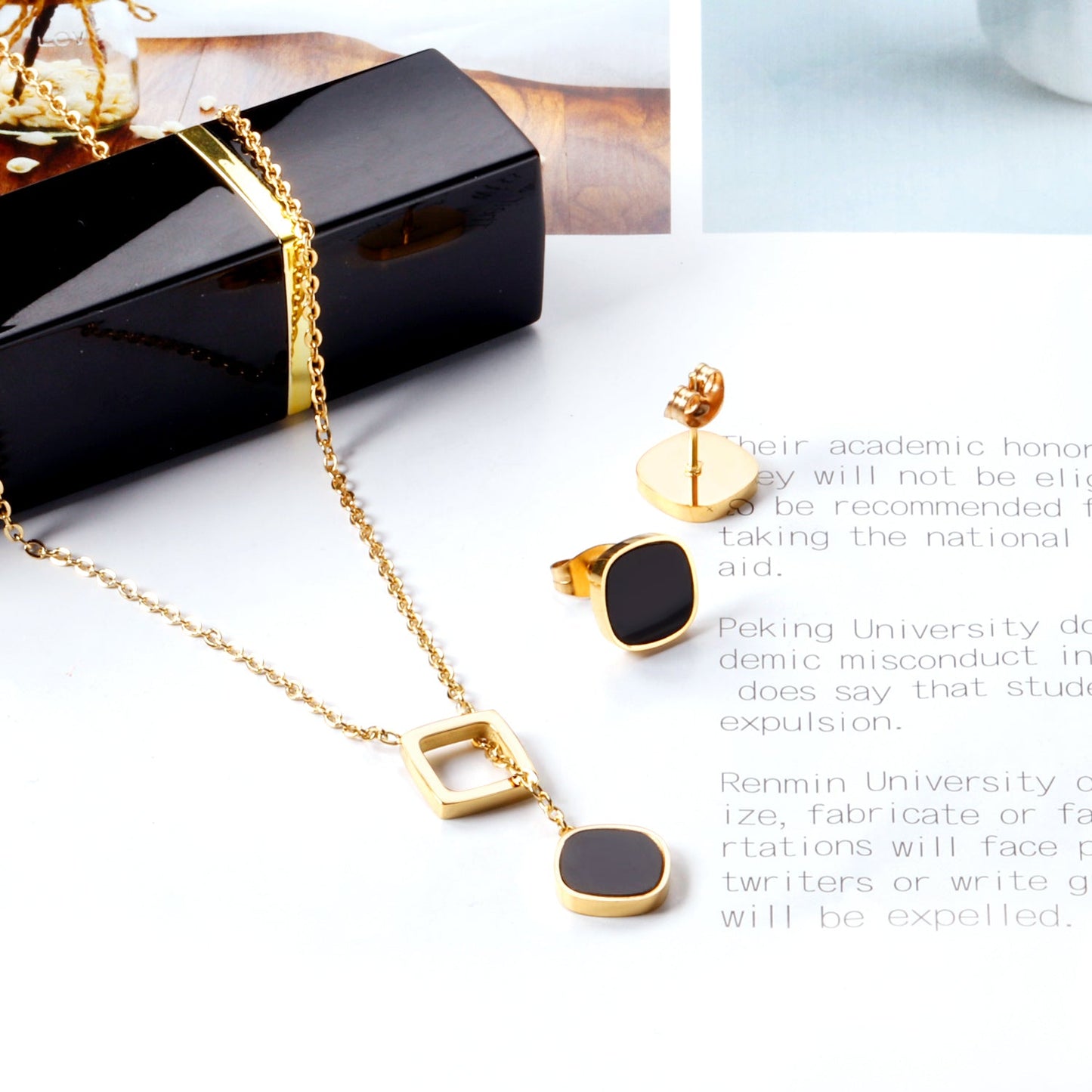 Square Black Shell Jewelry Set Steel / Gold asonjewelry