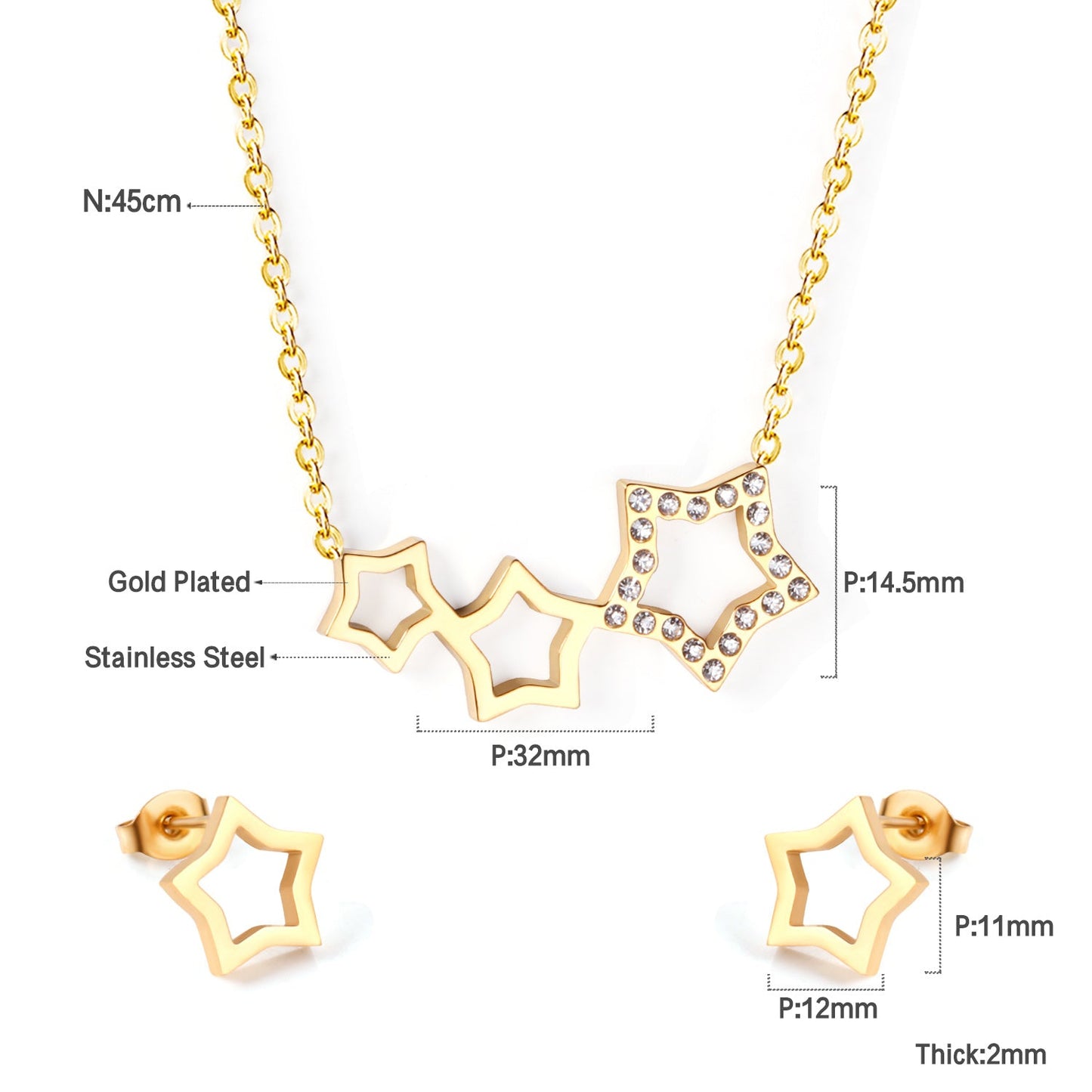 Star Jewelry Set with Diamonds Steel/Gold asonjewelry