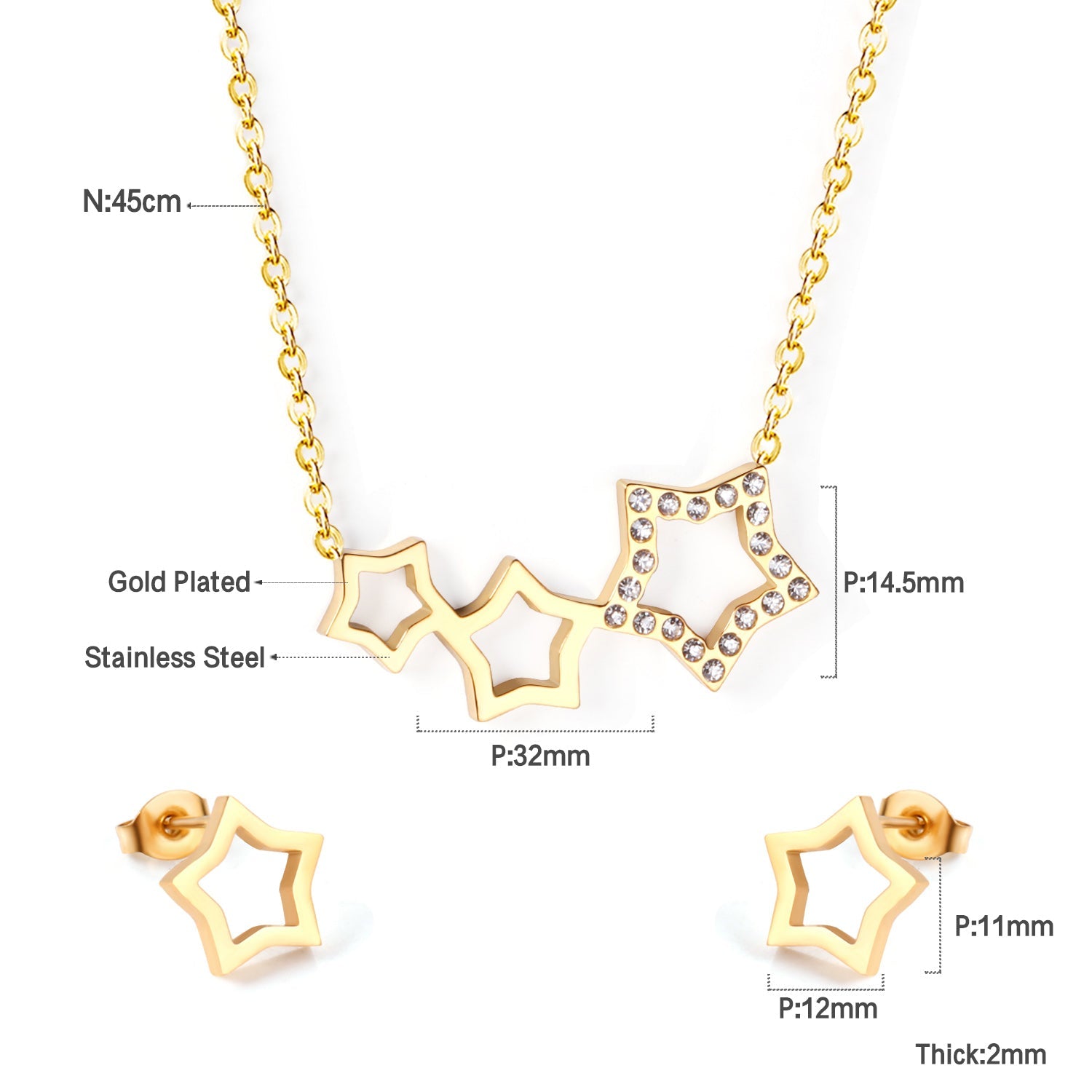 Star Jewelry Set with Diamonds Steel/Gold asonjewelry