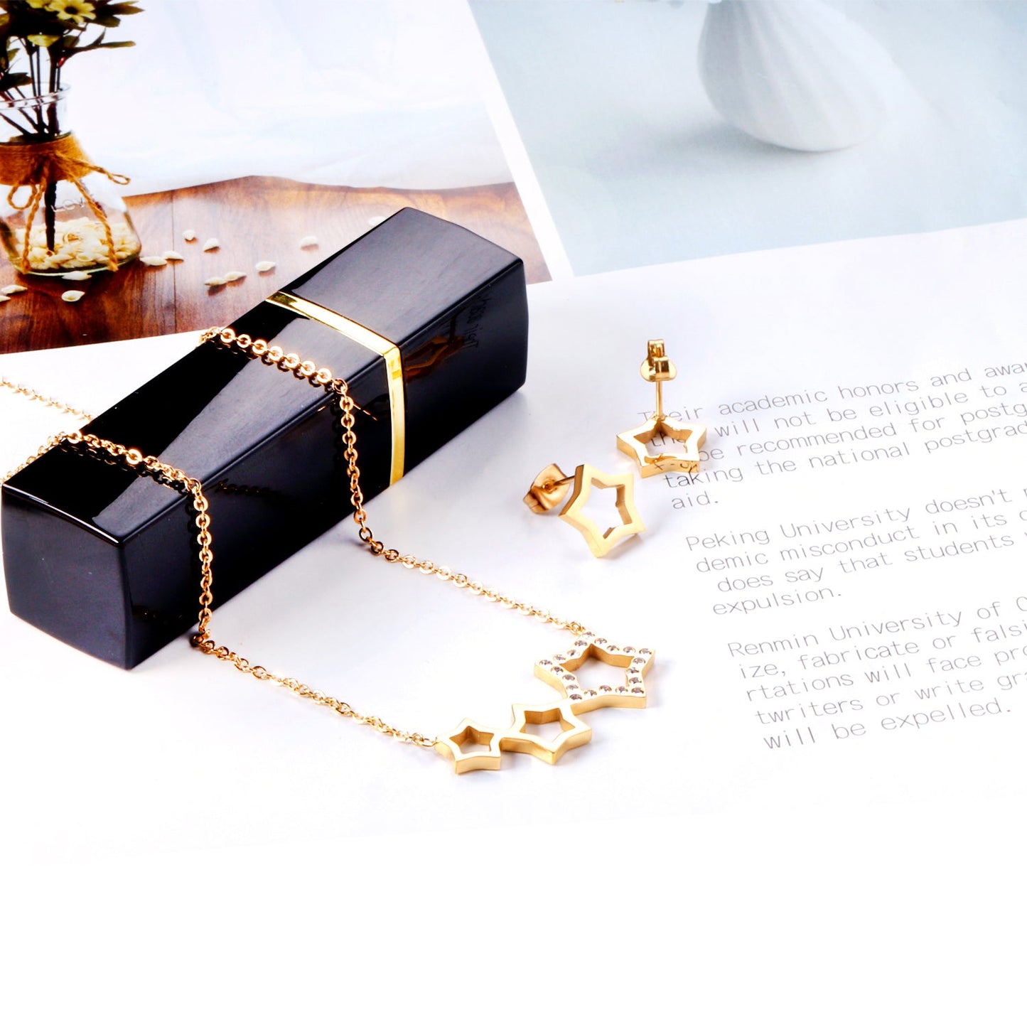 Star Jewelry Set with Diamonds Steel/Gold asonjewelry