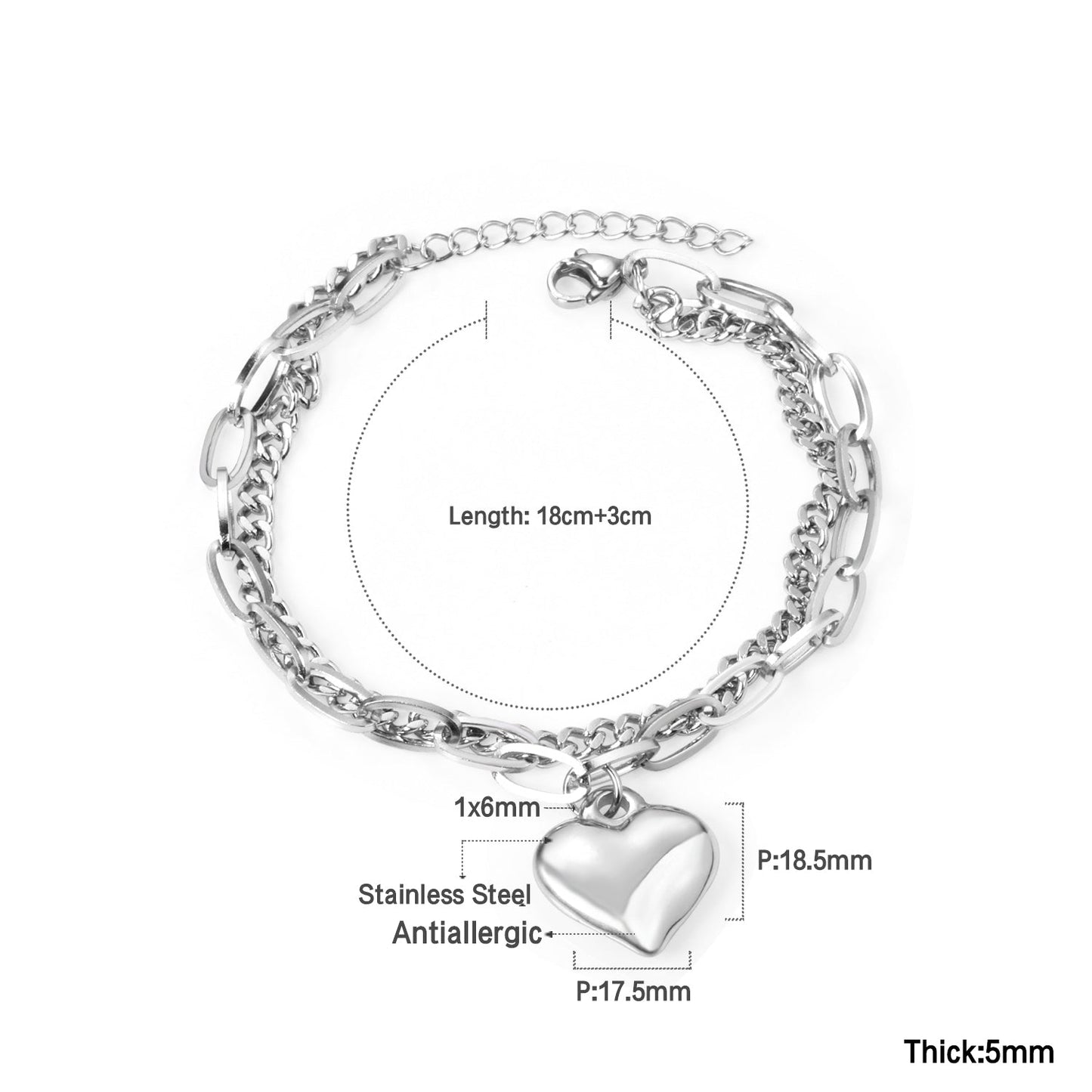 17.5*18.50mm with heart bracelet 18+3cm asonjewelry