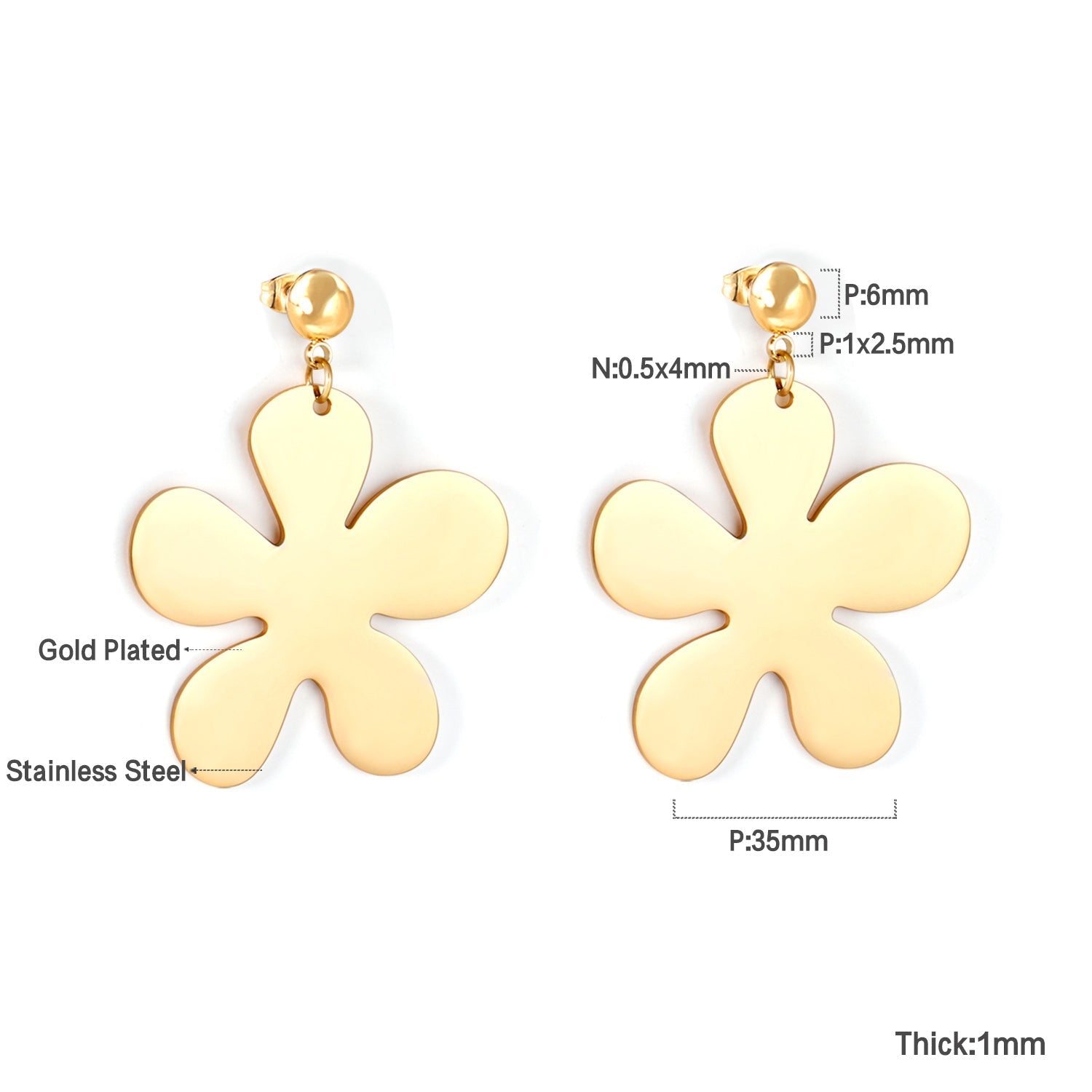 6mm Halved Steel Bead 35mm Glossy & Brushed Five Piece Flower Earrings asonjewelry