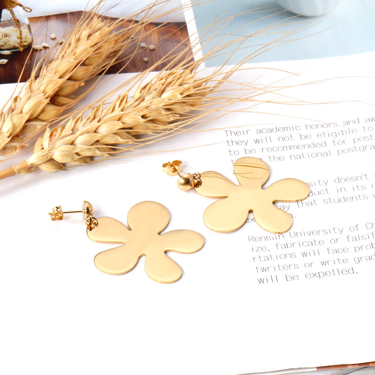 6mm Halved Steel Bead 35mm Glossy & Brushed Five Piece Flower Earrings asonjewelry