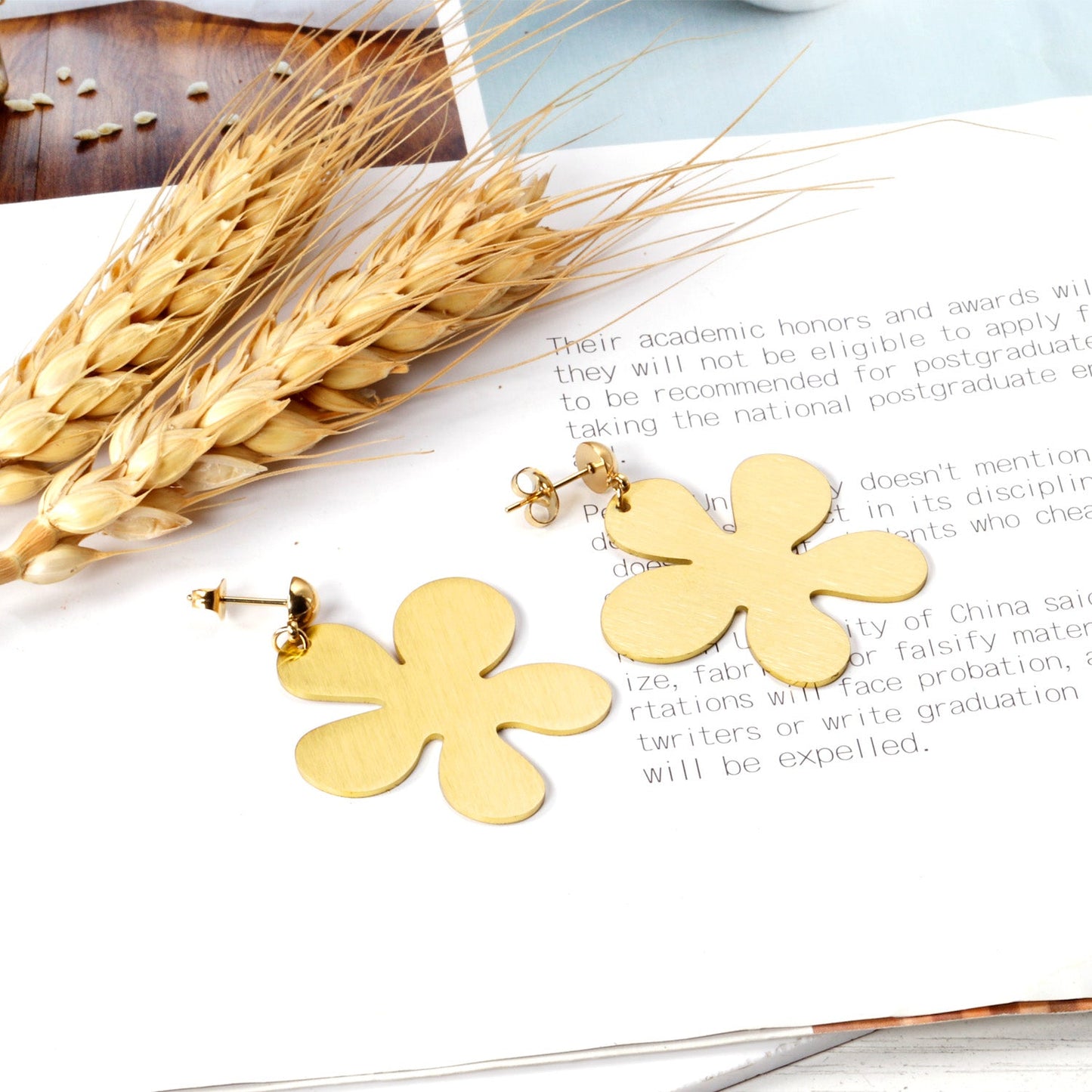 6mm Halved Steel Bead 35mm Glossy & Brushed Five Piece Flower Earrings asonjewelry