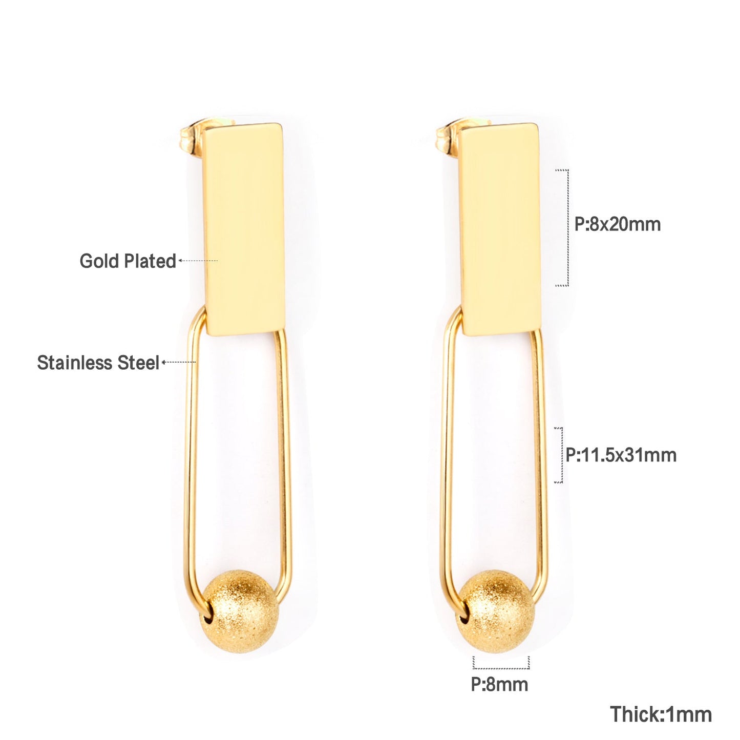 8x20mm Rectangle + 8mm Brushed Steel Bead Glossy Earrings asonjewelry