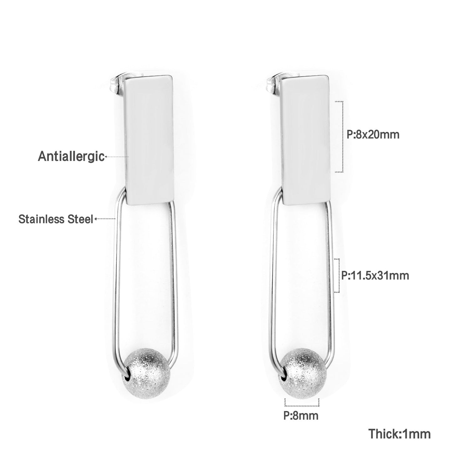 8x20mm Rectangle + 8mm Brushed Steel Bead Glossy Earrings asonjewelry