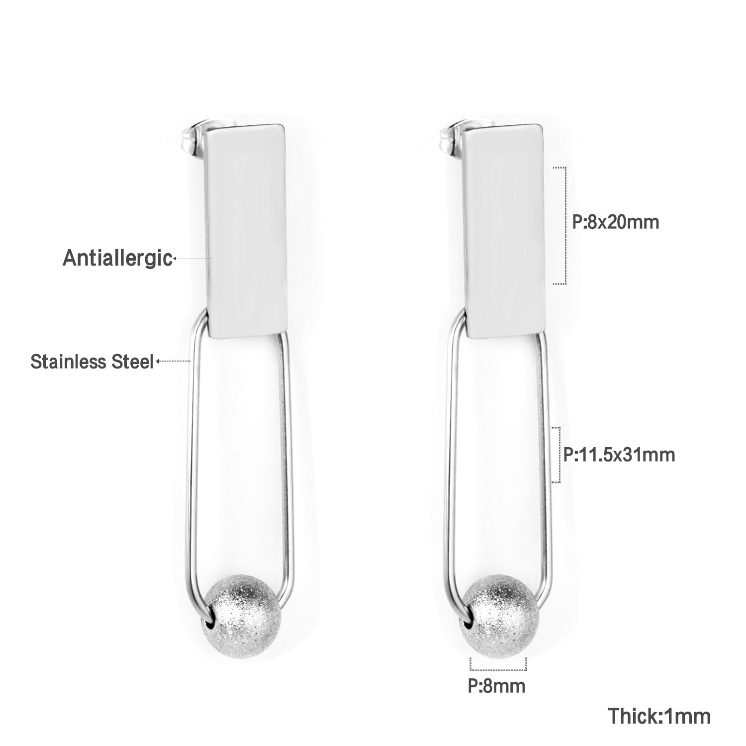 8x20mm Rectangle + 8mm Brushed Steel Bead Glossy Earrings asonjewelry