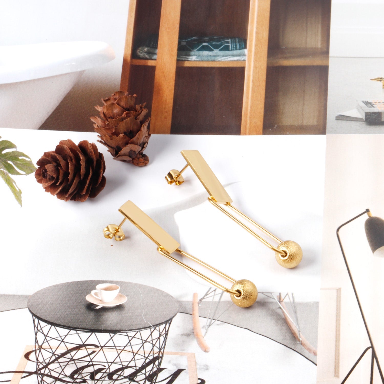 8x20mm Rectangle + 8mm Brushed Steel Bead Glossy Earrings asonjewelry