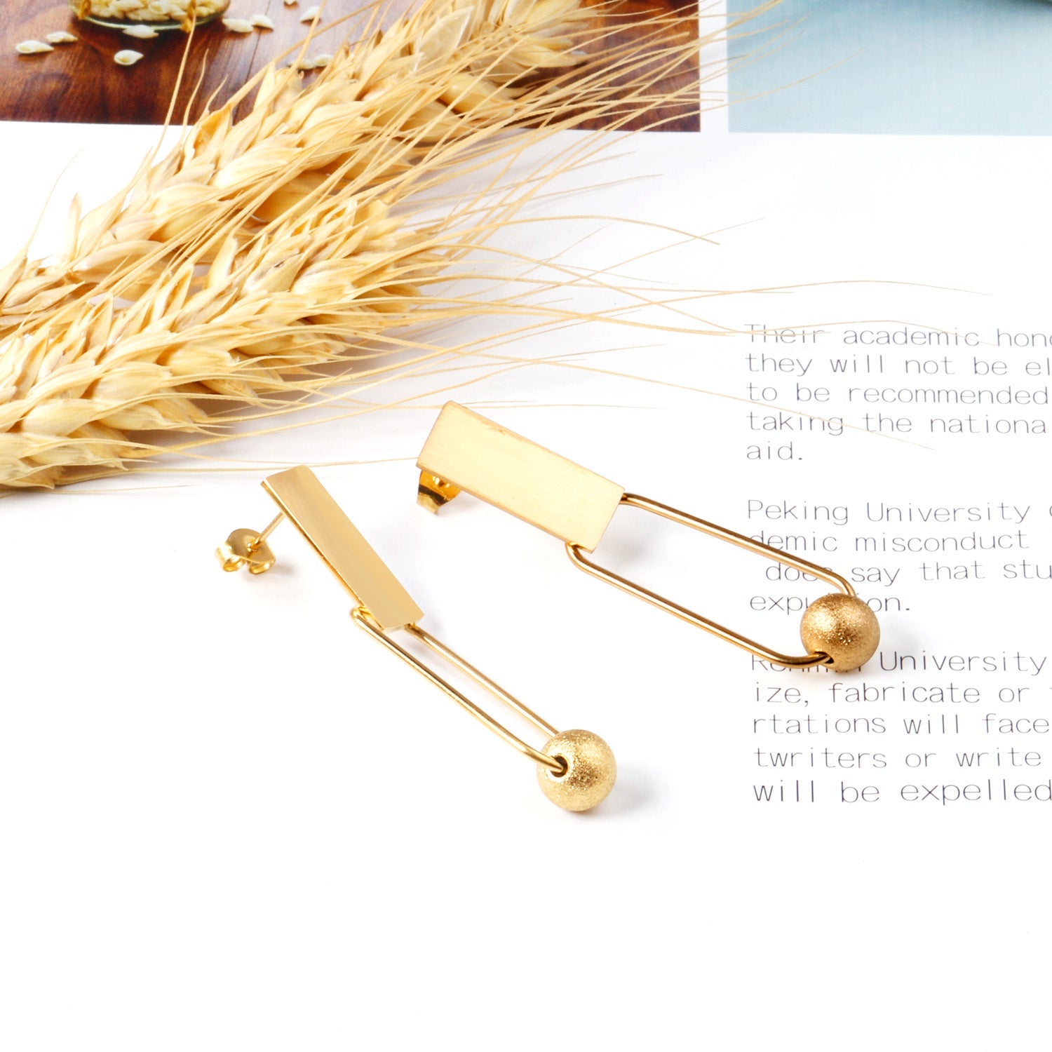 8x20mm Rectangle + 8mm Brushed Steel Bead Glossy Earrings asonjewelry