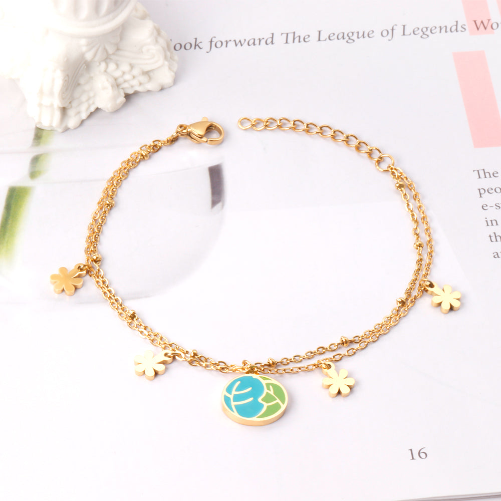 Mixed Color Vegetable Leaf Accessories with Zouzou Double Chain Bracelet 17+3cm Golden asonjewelry