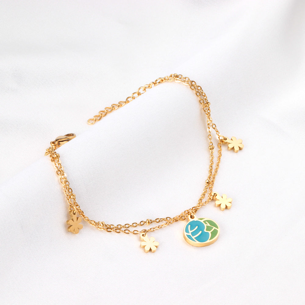 Mixed Color Vegetable Leaf Accessories with Zouzou Double Chain Bracelet 17+3cm Golden asonjewelry