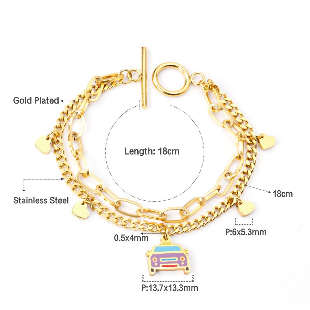 Mixed Color Taxi Accessories with Heart Double Chain Bracelet 18cm Gold asonjewelry