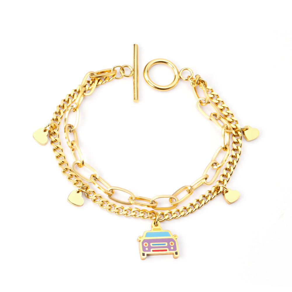 Mixed Color Taxi Accessories with Heart Double Chain Bracelet 18cm Gold asonjewelry