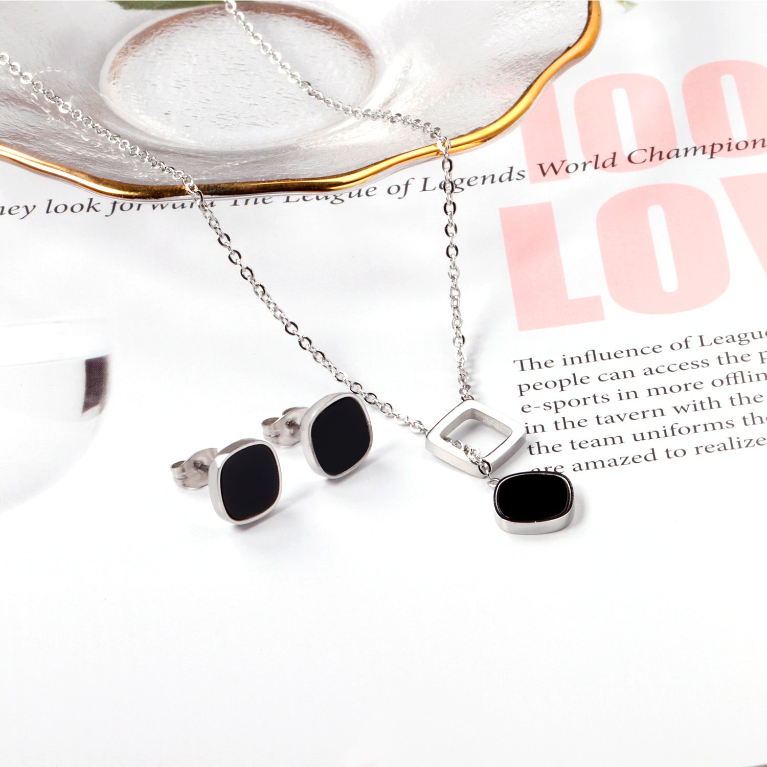 Square Black Shell Jewelry Set Steel / Gold asonjewelry