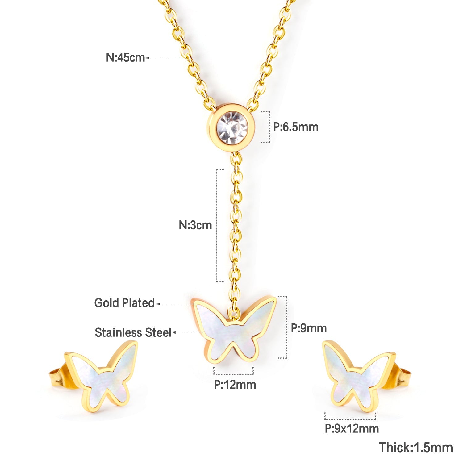 White Diamonds + Butterfly White Shells Jewelry Set Steel/Gold asonjewelry