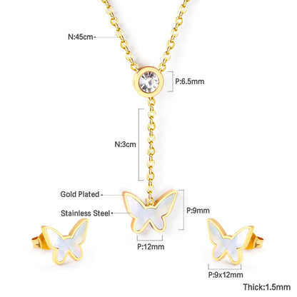 White Diamonds + Butterfly White Shells Jewelry Set Steel/Gold asonjewelry