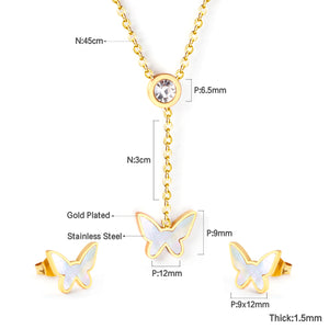 White Diamonds + Butterfly White Shells Jewelry Set Steel/Gold
