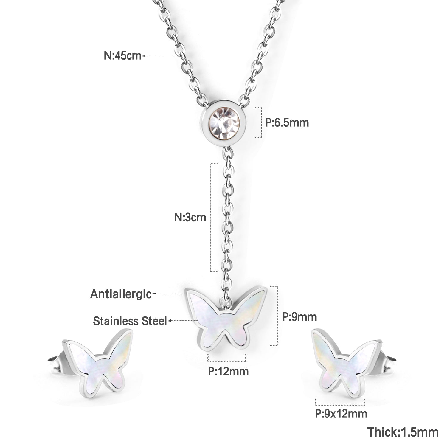 White Diamonds + Butterfly White Shells Jewelry Set Steel/Gold asonjewelry