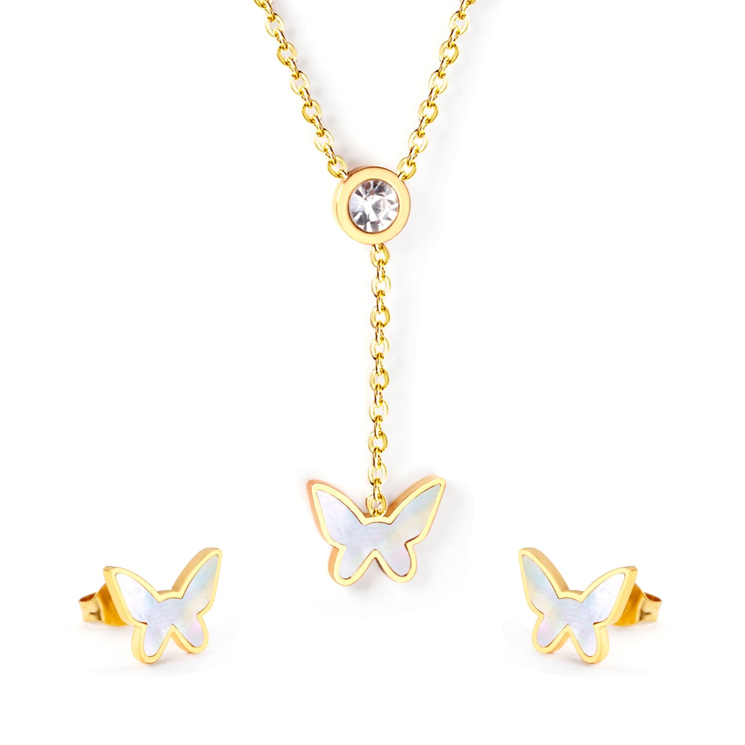 White Diamonds + Butterfly White Shells Jewelry Set Steel/Gold asonjewelry