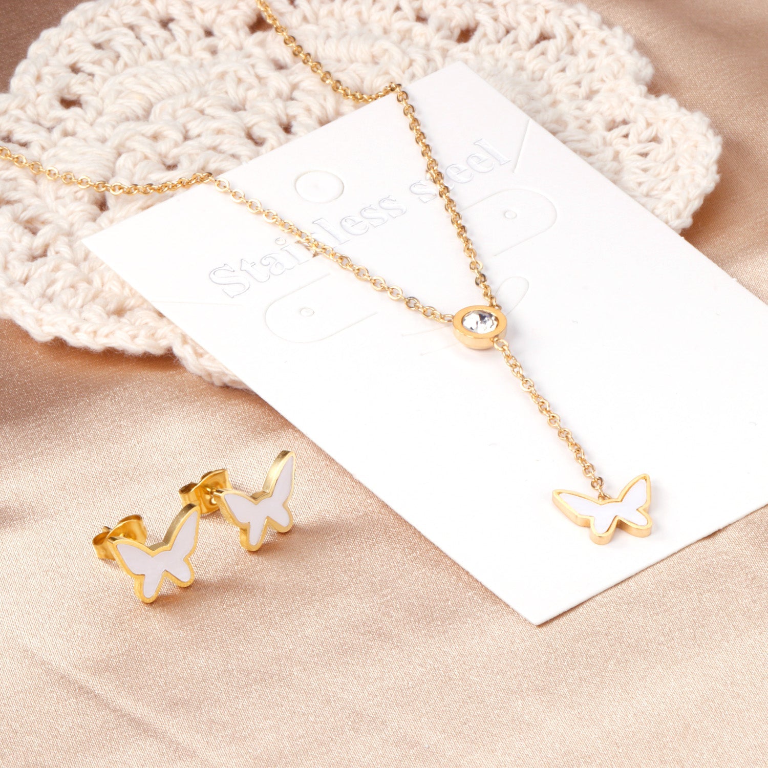 White Diamonds + Butterfly White Shells Jewelry Set Steel/Gold asonjewelry