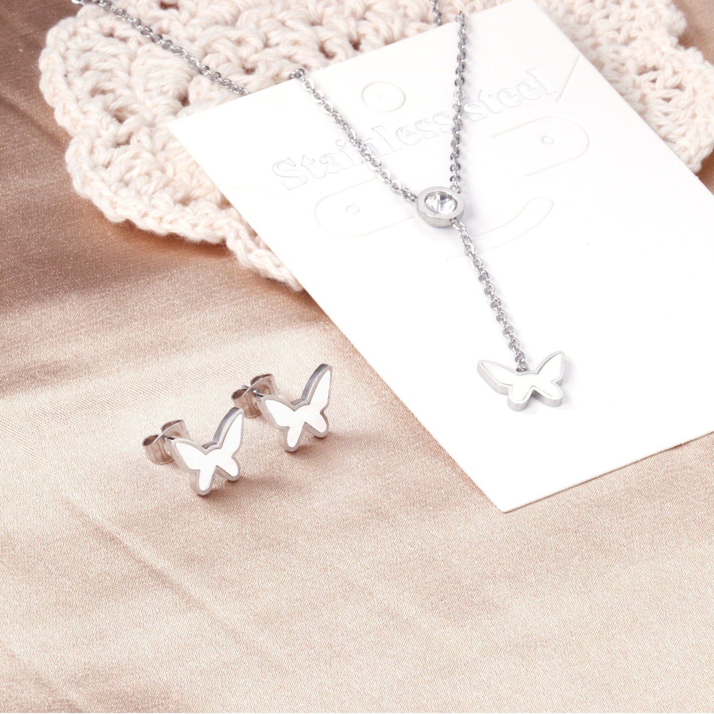 White Diamonds + Butterfly White Shells Jewelry Set Steel/Gold asonjewelry