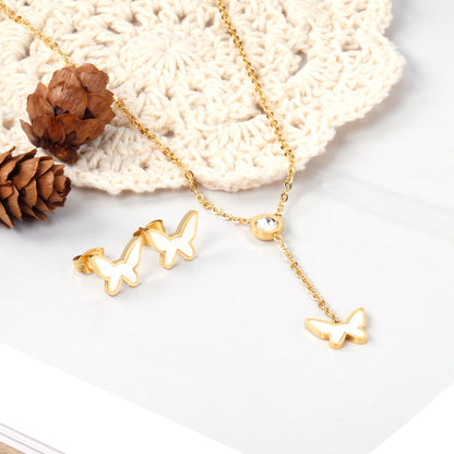 White Diamonds + Butterfly White Shells Jewelry Set Steel/Gold asonjewelry
