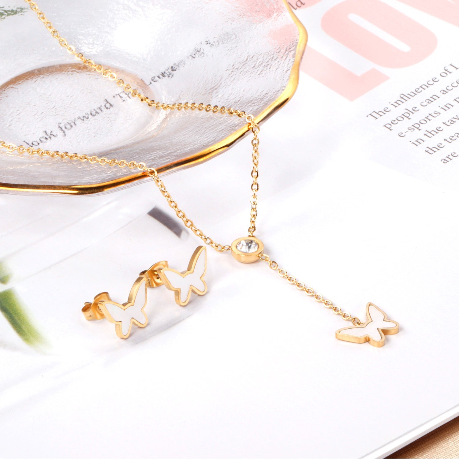 White Diamonds + Butterfly White Shells Jewelry Set Steel/Gold asonjewelry