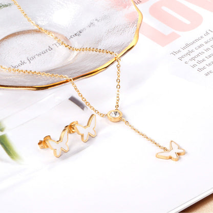 White Diamonds + Butterfly White Shells Jewelry Set Steel/Gold asonjewelry
