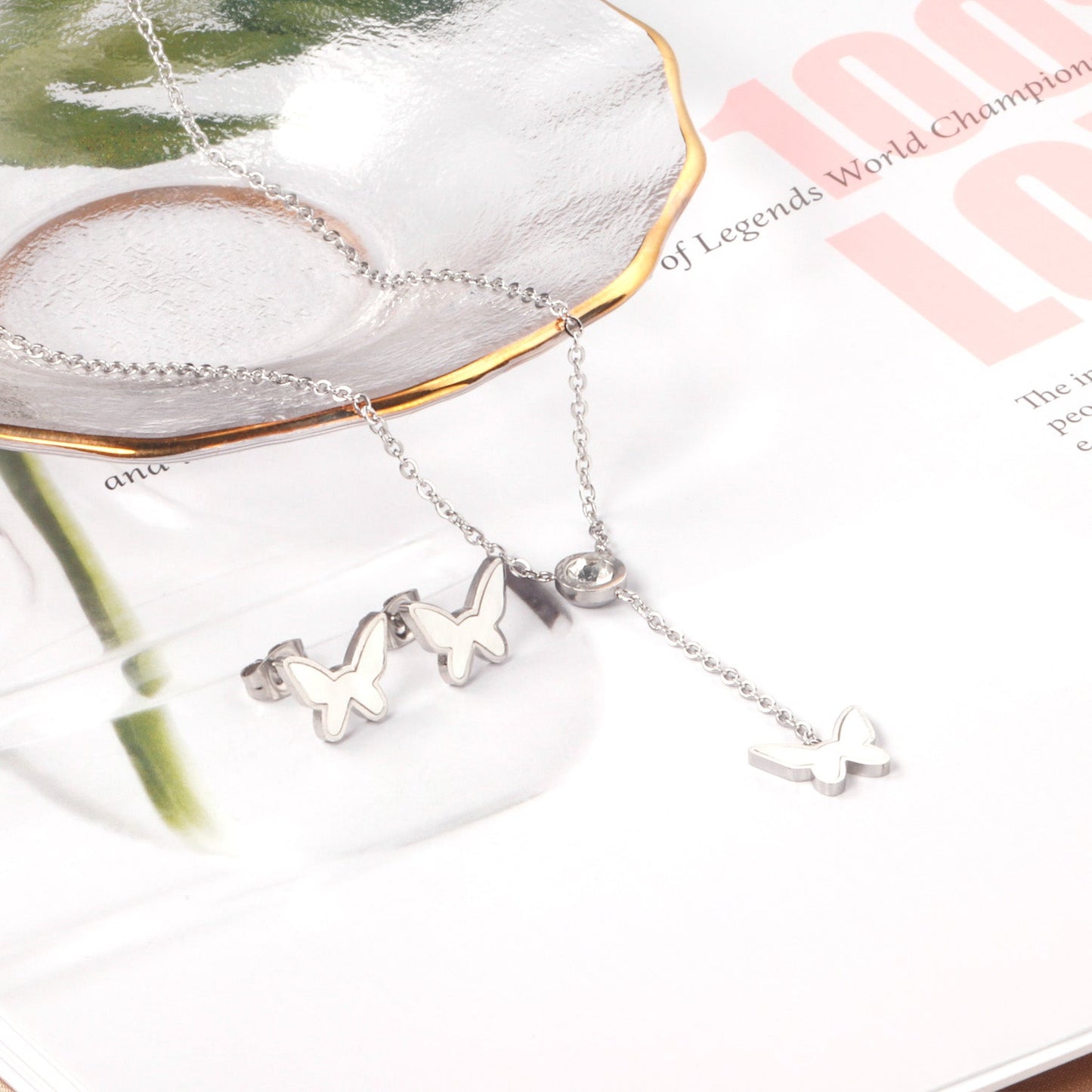 White Diamonds + Butterfly White Shells Jewelry Set Steel/Gold asonjewelry