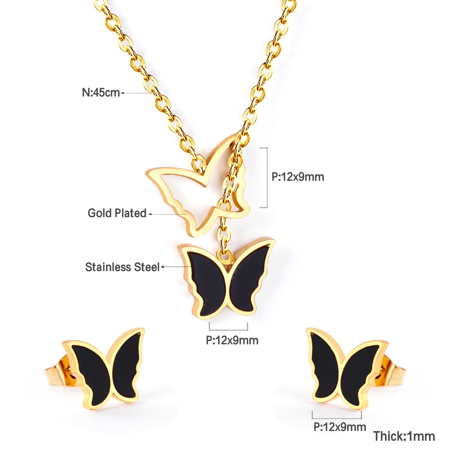 Butterfly Black Shell Set Steel/Gold asonjewelry