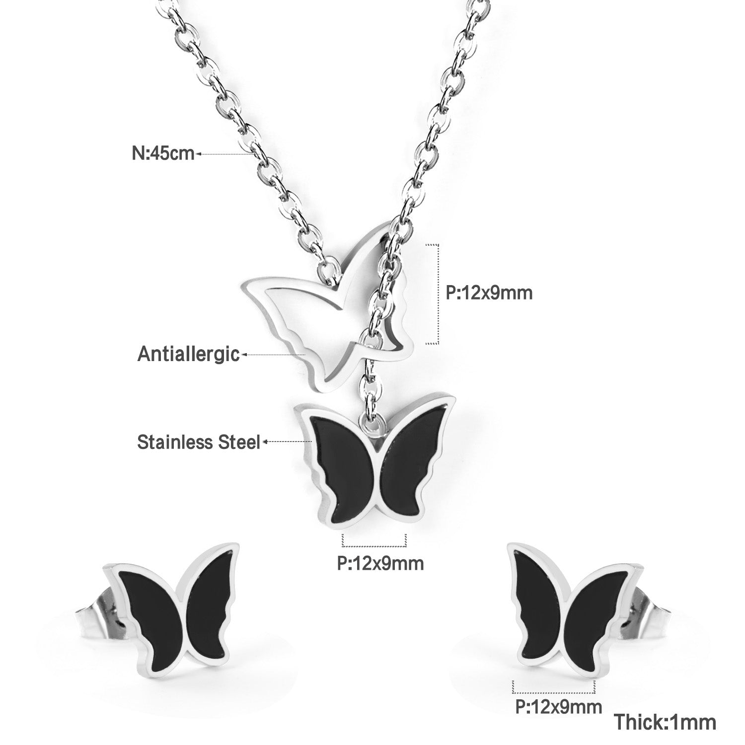 Butterfly Black Shell Set Steel/Gold asonjewelry