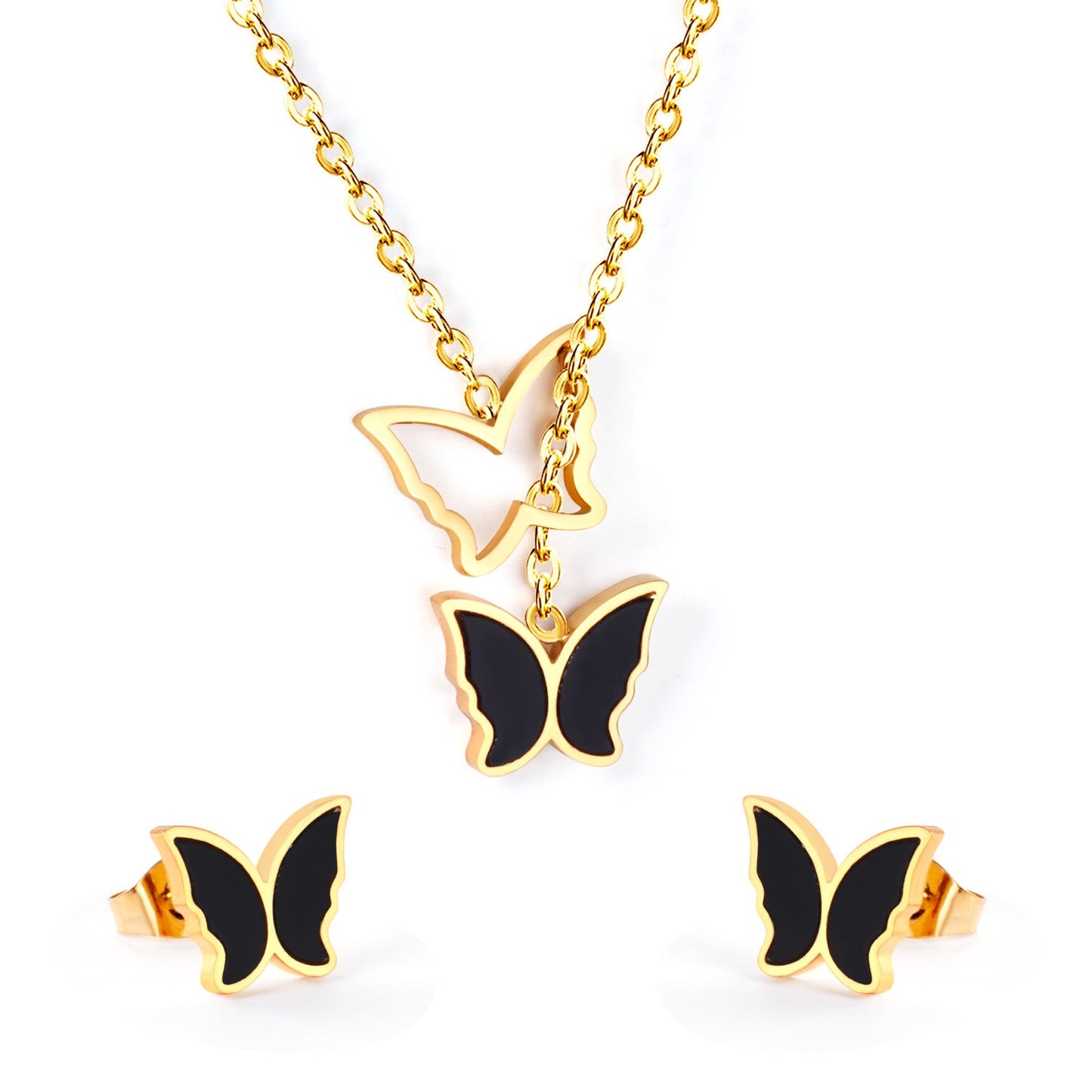 Butterfly Black Shell Set Steel/Gold asonjewelry