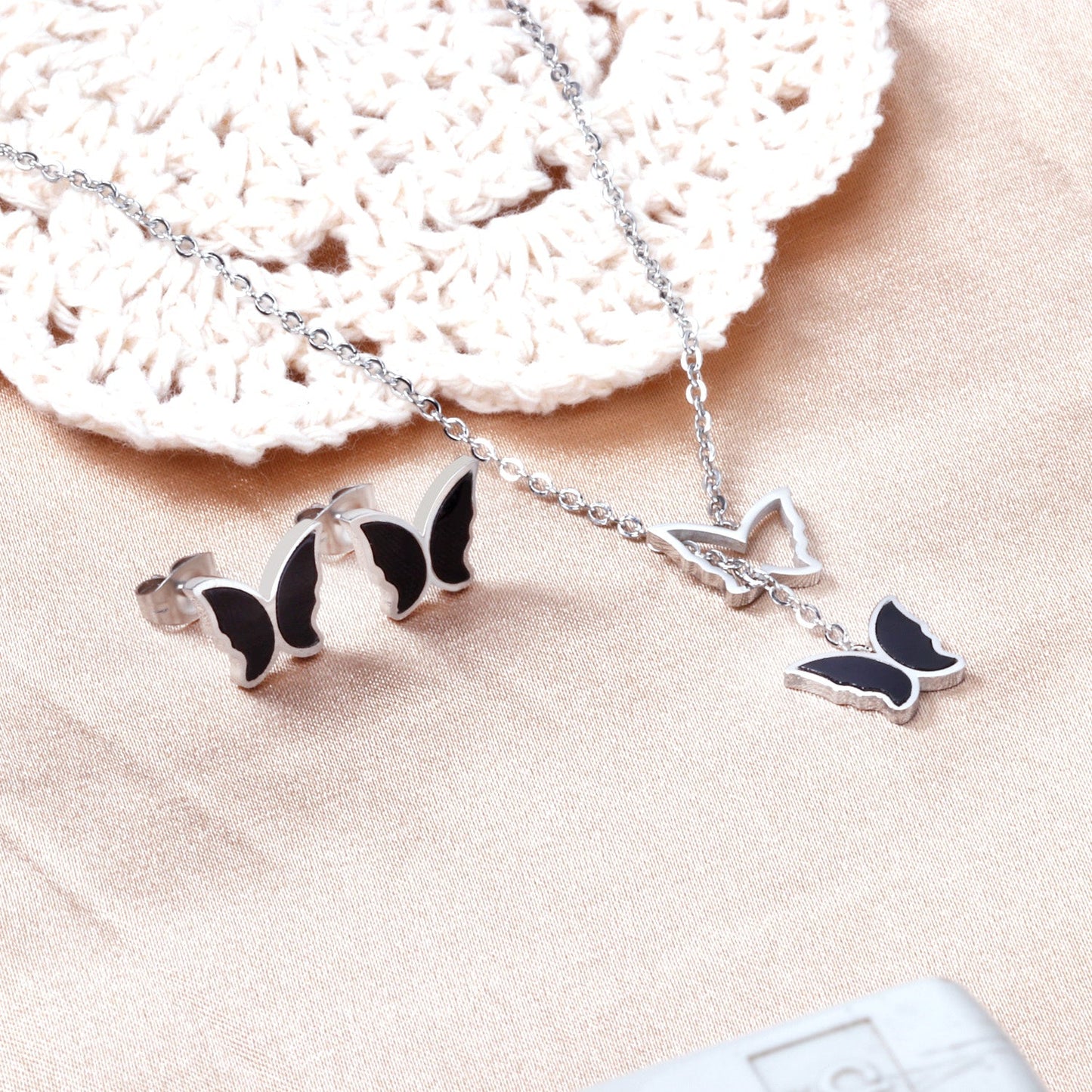 Butterfly Black Shell Set Steel/Gold asonjewelry