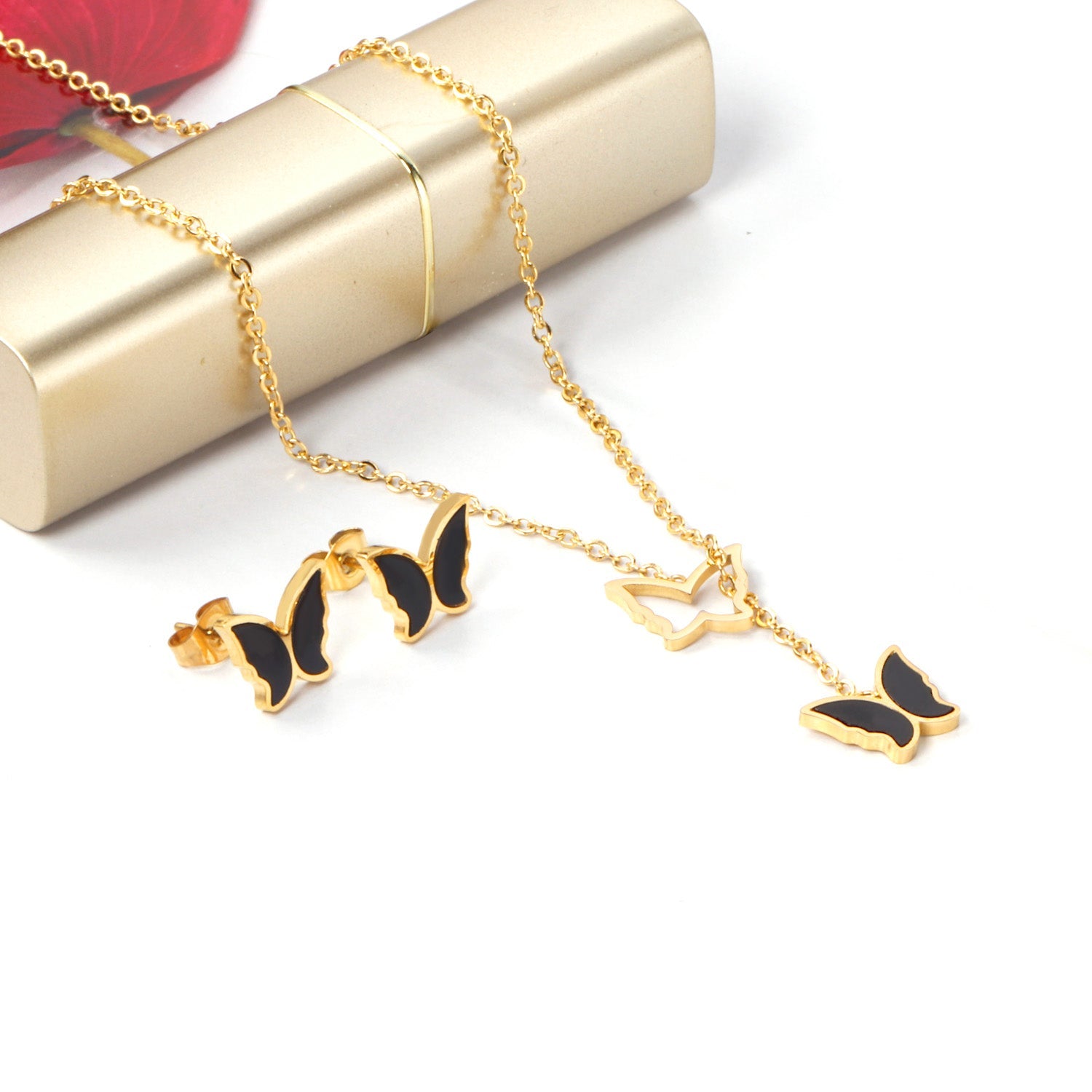 Butterfly Black Shell Set Steel/Gold asonjewelry