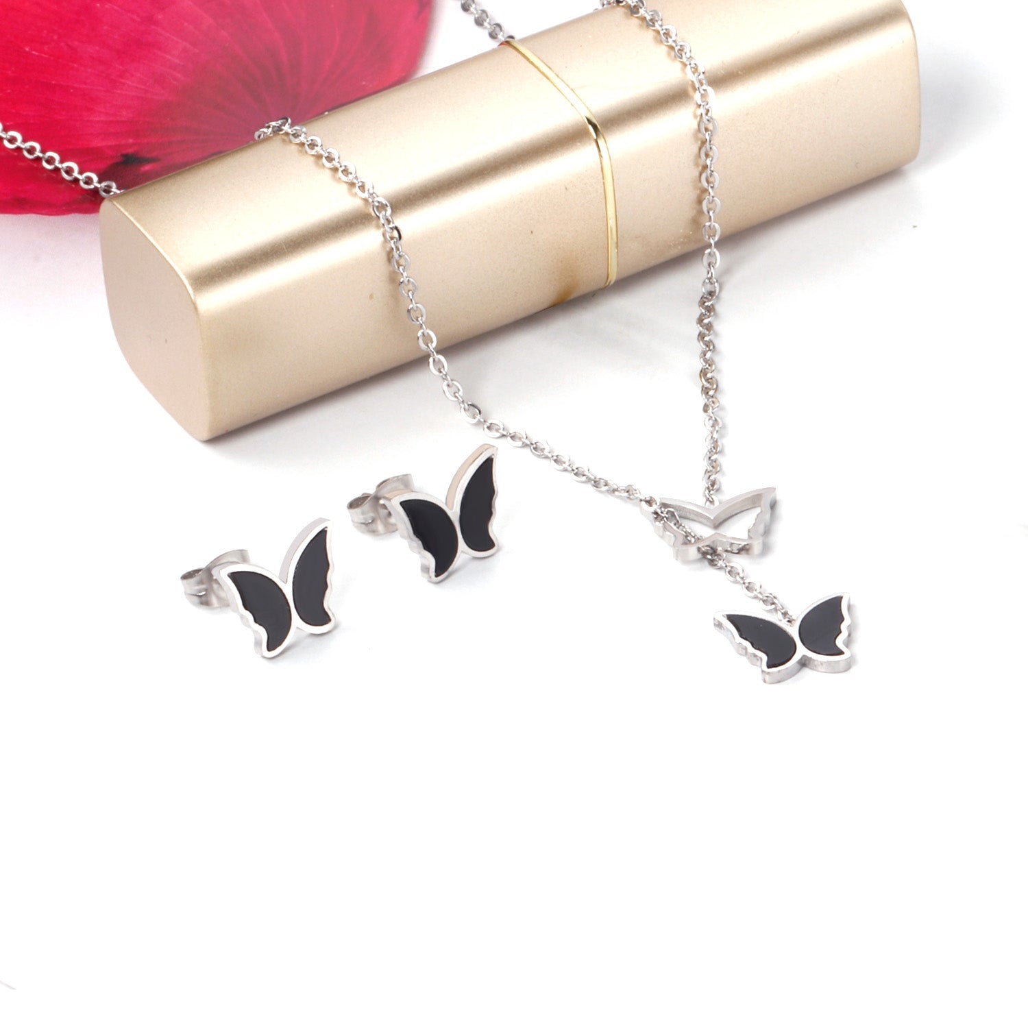 Butterfly Black Shell Set Steel/Gold asonjewelry