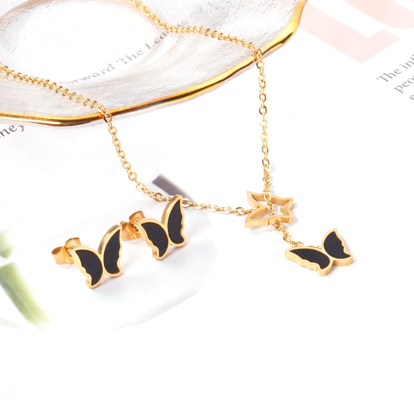 Butterfly Black Shell Set Steel/Gold asonjewelry