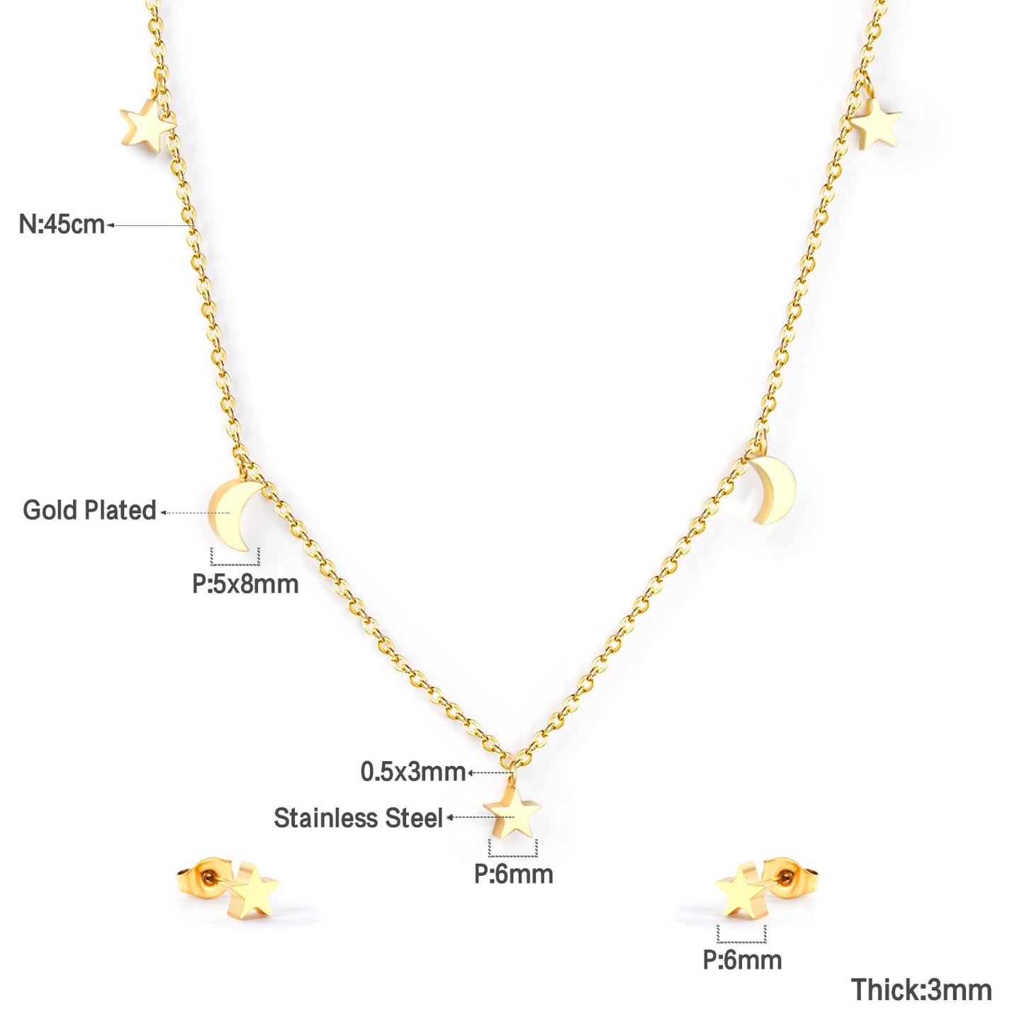 Set of 3 stars + 2 moons in glossy steel / gold color asonjewelry