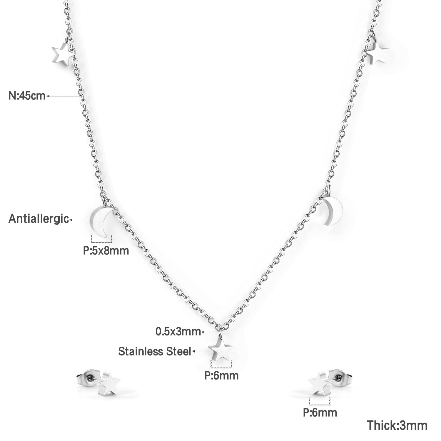 Set of 3 stars + 2 moons in glossy steel / gold color asonjewelry