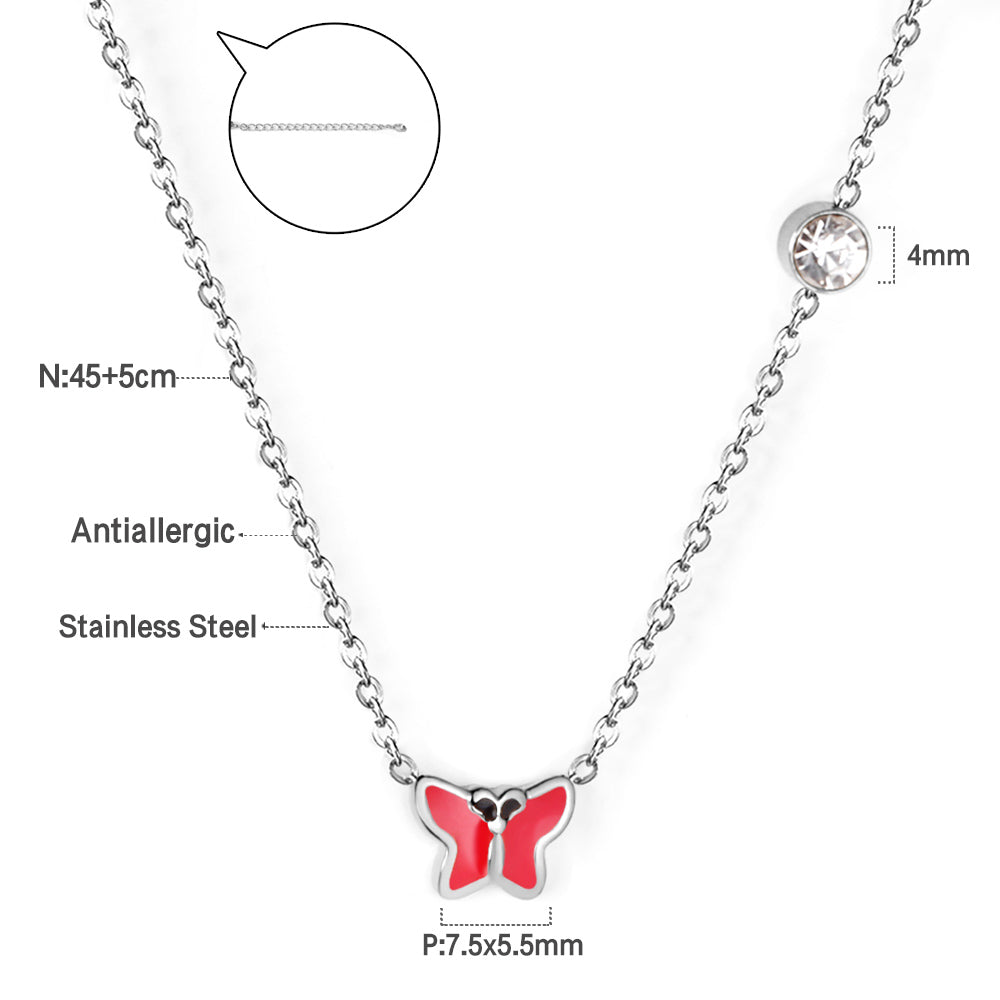 Red & Pink & Blue & Purple Butterfly Pendant with Diamond Necklace 45+5cm Steel Color asonjewelry