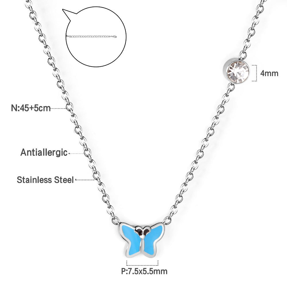 Red & Pink & Blue & Purple Butterfly Pendant with Diamond Necklace 45+5cm Steel Color asonjewelry
