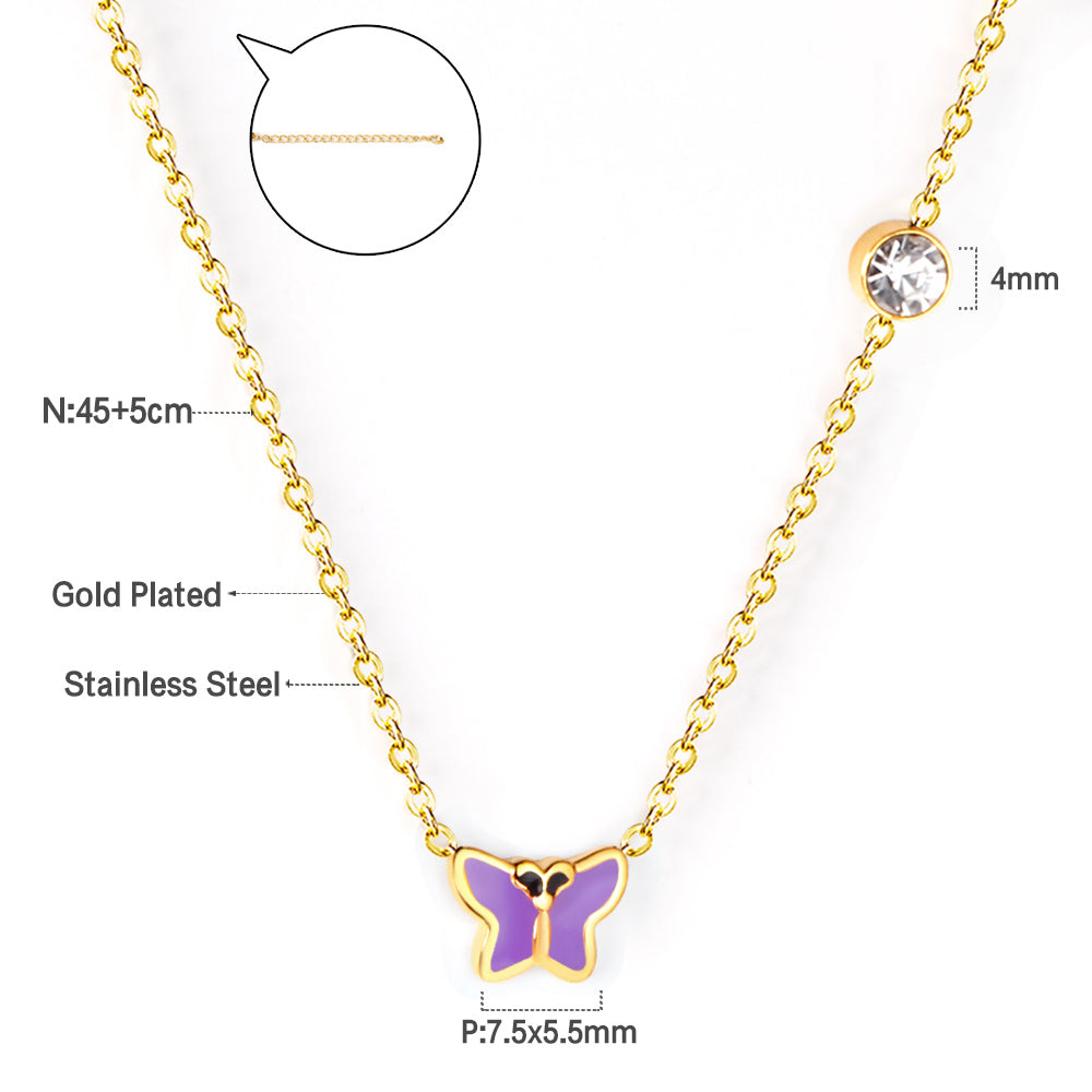 Red & Pink & Blue & Purple Butterfly Pendant with Diamond Necklace 45+5cm Steel Color asonjewelry